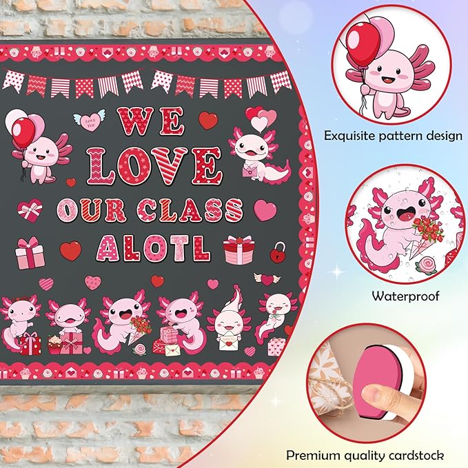 Valentine Axolotl Classroom Decor - Cute Axolotl Valentines Day Bulletin Board Decorations, We Love Our Class Paper Cutouts Set for School, Chalkboard Office Wall Decor Supplies