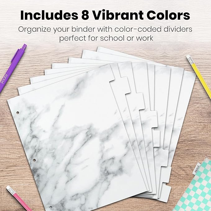 Yoobi Marble Binder Dividers 8-Tab Sturdy Poly Binder Organizer w/Blank Sticky Labels 4 Pack