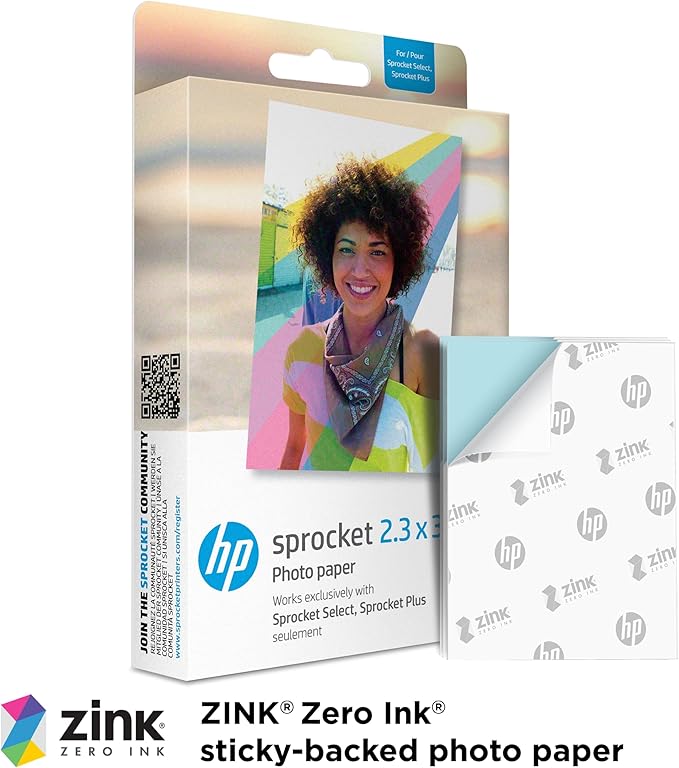 HP Sprocket 2.3 x 3.4" Premium Zink Sticky Back Photo Paper (20 Sheets) Compatible with HP Sprocket Select and Plus Printers.