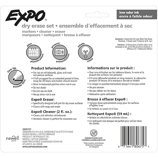 EXPO Dry Erase Markers Kit, Fine Tip, Assorted Colors, Eraser, Spray Cleaner, 7 Count