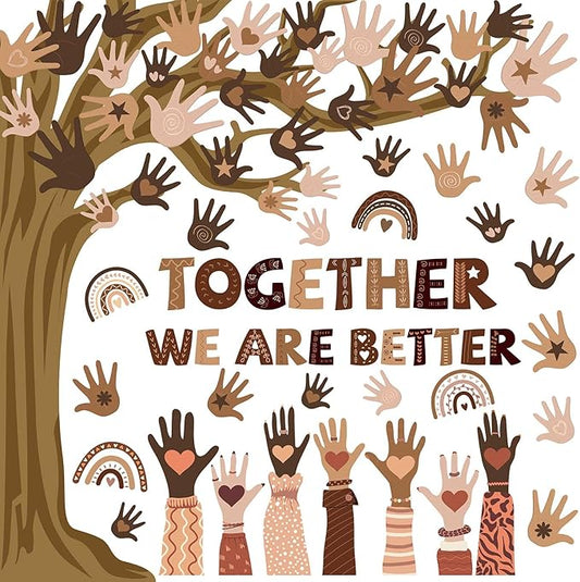 Pasimy Student Diversity Bulletin Board Sets Boho Classroom Decor Rainbow Equality Tree Handprint Cutouts Inclusion Multicultural Bulletin Board for Back to School Wall Door Decorations(Retro)
