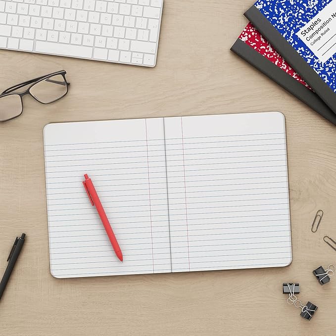 STAPLES Composition Notebook, 7.5” x 9.75”, College Ruled, 100 Sheets, Black/White Marble, 4‑Pack