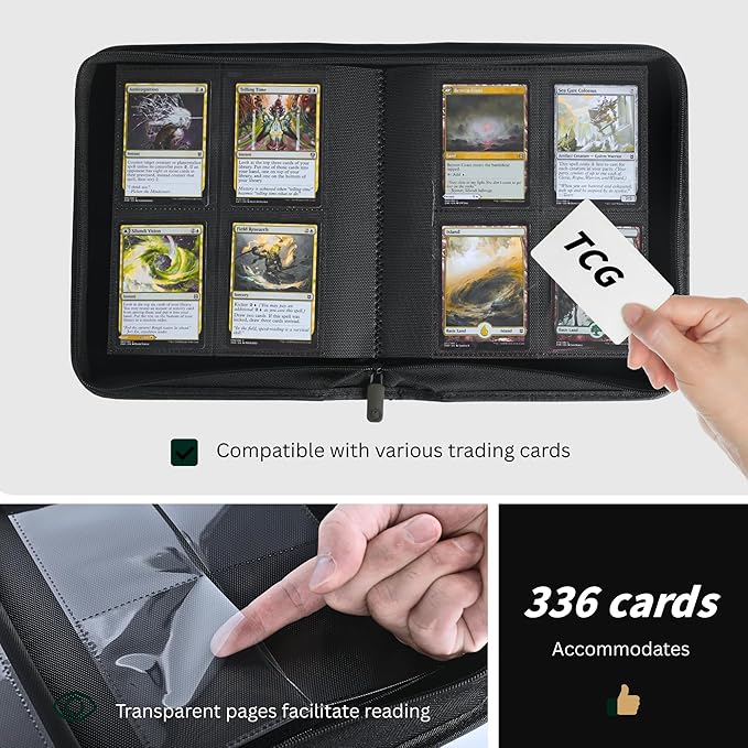 336 Card Binder, 4-Pocket Zipper Binder for Trading Cards, Side Loading Water-Resistant Album for MTG, TCG & Sports Cards (Green)