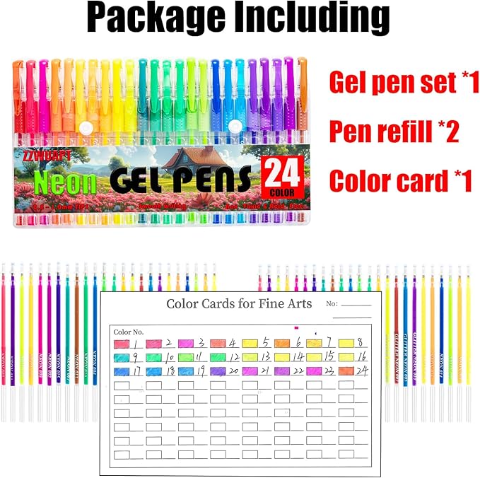Neon Gel Pens,72 Color Gel Pens Set including 24 Color Gel Pen with 48 Refills,40% More Ink Colored Gel Pens for Drawing, Doodling, Scrapbook, Journaling