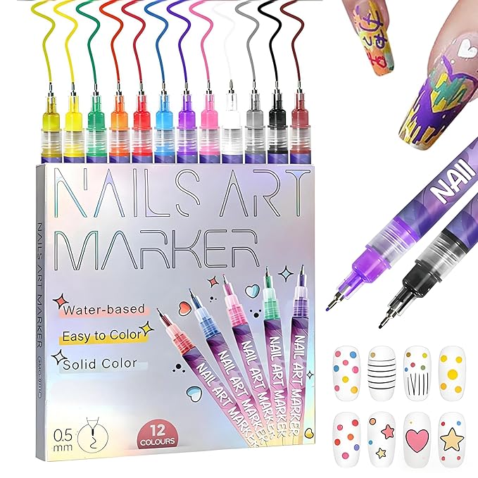 12 Colors Nails Art Pens Set,Upgraded 3D Nails Art Markers for Gel Nails,DIY Nails Art Marker Drawing Painting Liner Pen,Nails Art Nail DIY Decoration for Kids(A-1 Set)