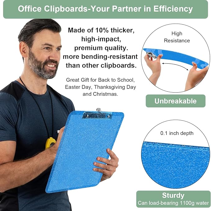 SFLHHDM Clear Glitter Clipboards, Plastic Clipboard with Pen Holder, Clip Boards 8.5x11 with Low Profile Clip, Cute Hanging Clip Board for Office School Supplies Sparkly Clipboard (Royal Blue)