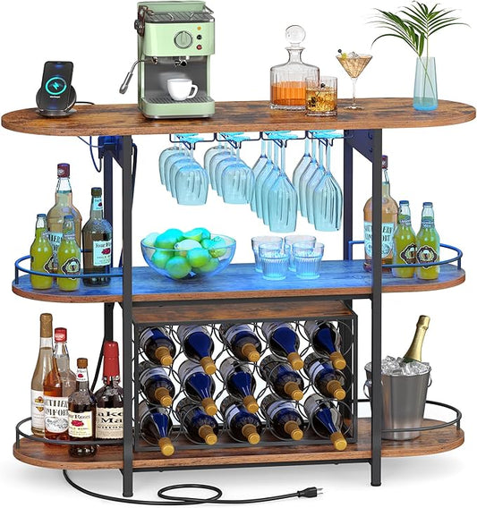VASAGLE Bar Cabinet with LED Lights and Power Outlets, Freestanding Coffee Bar Wine Cabinet, Wine Rack, Glass Holder, Mini Bar for Liquor and Glasses, Kitchen, Dining Room, Rustic Brown ULWR007K01S
