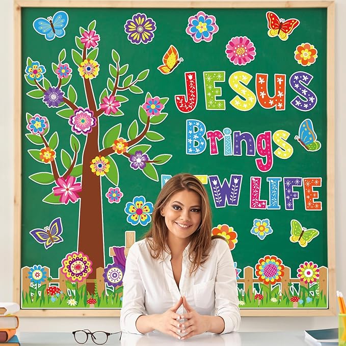 gisgfim Christian Spring Bulletin Board Decoration Set Religious Flower Tree Borders Cutouts for Party School Classroom Door Welcome Easter Bulletin Board Craft Home Wall (Jesus Brings New Life)