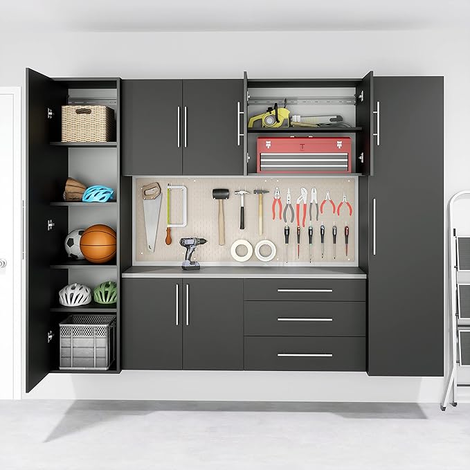 Prepac HangUps 30'' Garage Storage Cabinet with 3 Drawers, Wood Wall Mount Pantry Cabinet, Wall Hanging Laundry Room Cupboard, Kitchen Pantry for Garage, Kitchen and Laundry Organization, Black