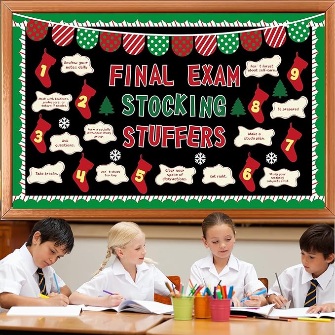 Christmas Bulletin Board Decorations Set Xmas Final Exam Stocking Bulletin Board Classroom Decor Christmas Paper Cutouts for Classroom Home School Winter Holiday Chalkboard Wall Party Decor Supplies