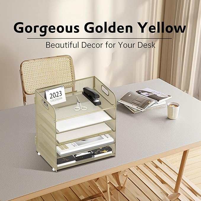 Supeasy 5 Trays Paper Organizer Letter Tray with Handle-Mesh Desk File Organizer,Pink Paper Sorter Desk Organizer for Office, Home or School (Gold Yellow)