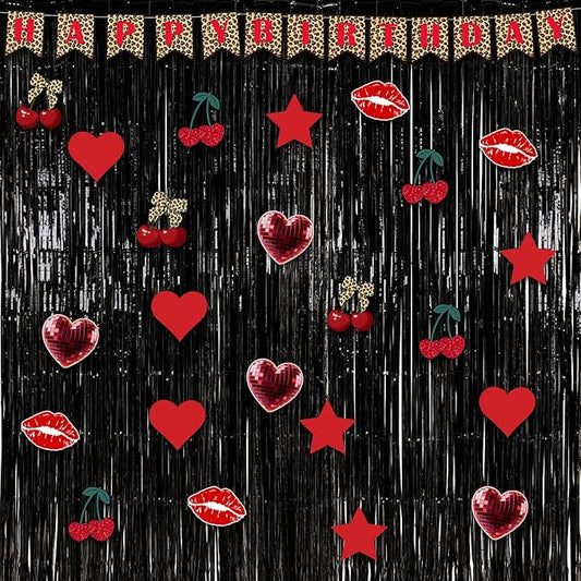 Epakh 39 Pcs Cheetah Cherry Birthday Party Decorations Includes 24 Pieces Paper Cards Decor 13 Pcs Happy Birthday Banner 2 Foil Fringe Curtain Backdrop for Photo Prop Themed Party Supplies