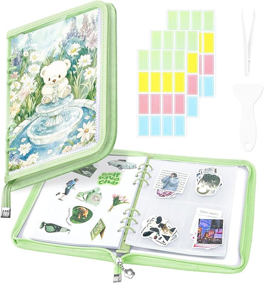 Ospelelf Sticker Organizer Binder Storage Display Book, Includes Clear Pockets, Release Paper, 6 Ring Stickers Holder Binders Essential for Scrapbook Planner Enthusiasts, Green