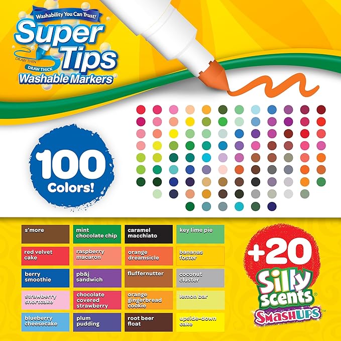 Crayola Super Tips & Silly Scents Washable Marker Set (120ct), Bulk Colored Markers for Coloring Books, Fine Tip, Conical, Water-Based Ink, Ideal for Kids' Art Projects, Gifts