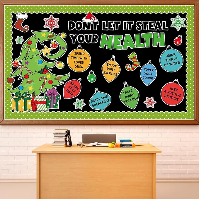 Christmas Bulletin Board Decorations Christmas Accents Healthy Habits Cutouts Red Green Xmas Elf Tree Paper Classroom Decors for Winter Holiday School Classroom Chalkboard Wall Decor Supplies