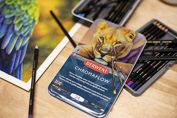 Derwent Chromaflow Colored Pencils Tin, Set of 24, Great for Holiday Gifts, 4mm Wide Core, Multicolor, Smooth Texture, Art Supplies for Drawing, Blending, Sketching, Professional Quality (2305857)