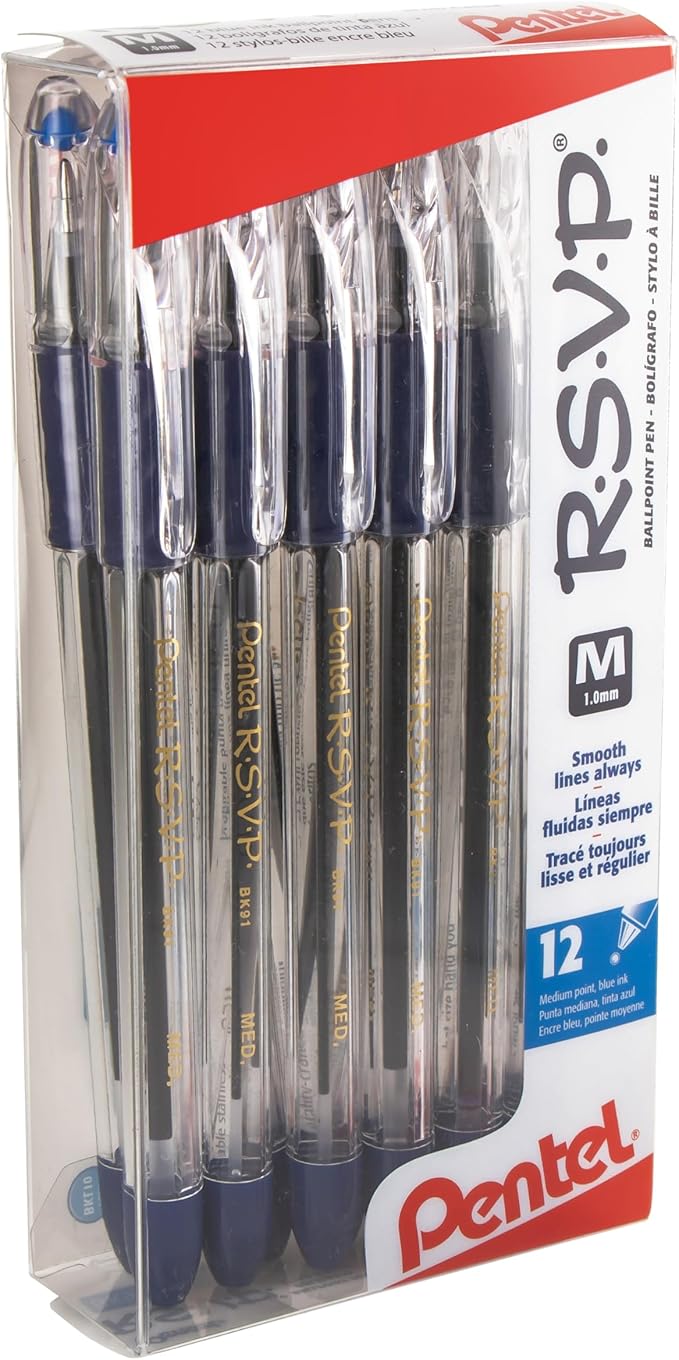Pentel RSVP Ballpoint Pen, (1.0mm), Medium Line, Blue Ink, 12 Pack (BK91PC12C)