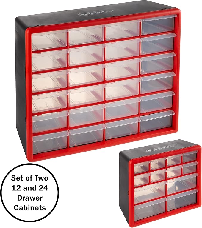 Set of Two Storage Bins with Drawers – Pair of 12 and 24 Drawer Desktop or Wall Mount Plastic Tool Organizers for Hardware or Crafts by Stalwart (Red)