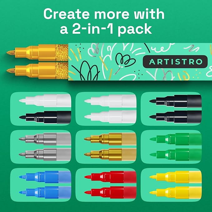 ARTISTRO 2 Glitter Gold Acrylic Paint Markers - 0.7mm Extra Fine-Tip Paint Pens - Perfect for Crafting, Art Projects, & More
