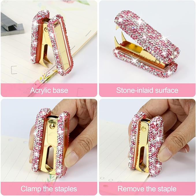 Multibey Rhinestone Staple Remover, Handmade Bling Crystal Gold Cute Staple Puller Tool for Desk, Dazzling Staples Puller Tool Mini Office Supplies & Desk Accessories for Women Office (Pink)