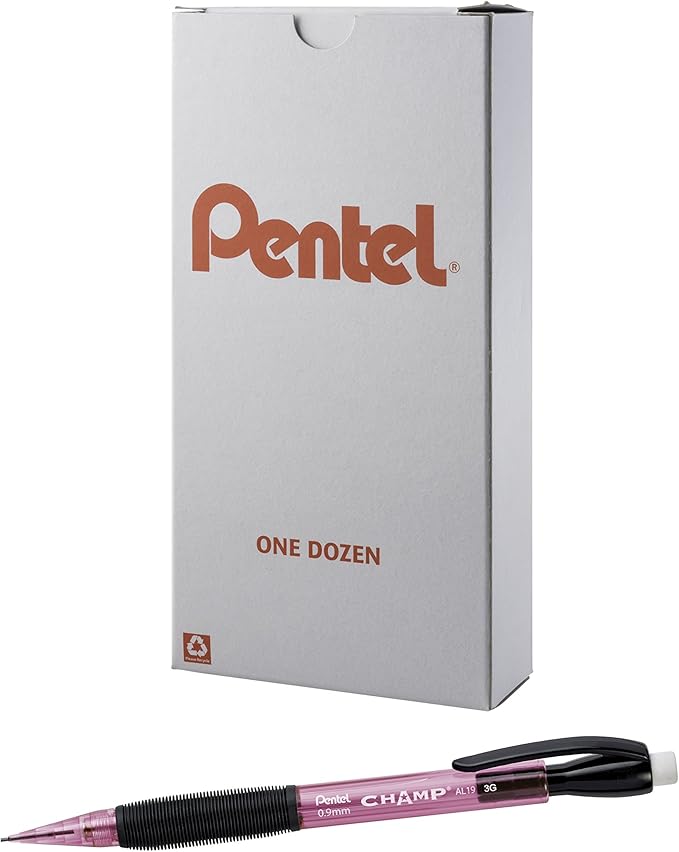 Pentel Champ Mechanical Pencil, (0.9mm), Tinted Pink Barrel, Box of 12 (AL19P)