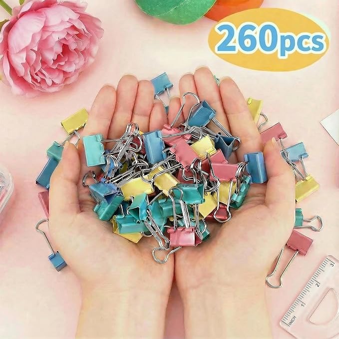 260Pcs Mini Binder Clips Assorted Colored, 0.59 in/15mm Small Binder Paper Clips Office Clips Office Supplies Desk, Micro Size Cute Binder Clips, Small Paper Clamps for Home School Business (Colored)