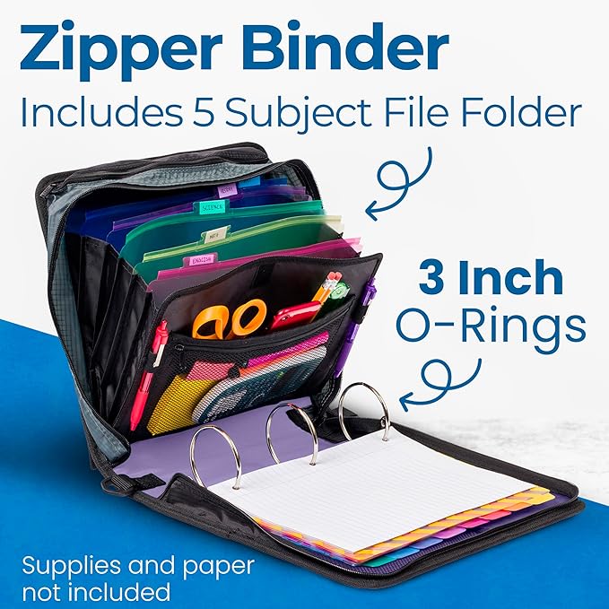 Case-it Mighty Zip Tab School Zipper Binder | 3-Inch O-Rings, 600-Sheet Capacity, 5-Subject Expanding File Folder, Multiple Pockets & Storage Organizer, Shoulder Strap | D-146 Lavender