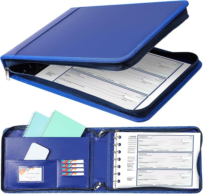 Henoyso 7 Ring Fireproof Business Checkbook Binder with Zipper 1.5 Inch D Rings Check Binder 9 x 13 Inch Checks 600 Sheets Capacity Built in Storage Organizer for Office Storage(Dark Blue)