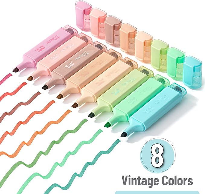 Mr. Pen- Highlighter 8 Pack, Vintage Colors, Chisel Tip Aesthetic Highlighters for School, No Bleed