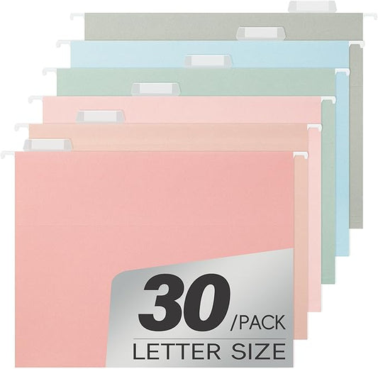30Pack Standard Hanging File Folders,Hanging File Folders with 1/5-Cut Tabs,6 Pastel Colors Designed for Bulky Files,Filing Cabinets,Medical Charts