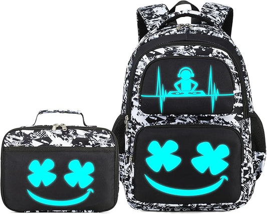 Boys Backpack with Lunch Box Glow in Dark Kids Ages 4-12 Kindergarten Elementary Middle School Teens Bookbag Mochilas Para Niños, Luminous Face Black White