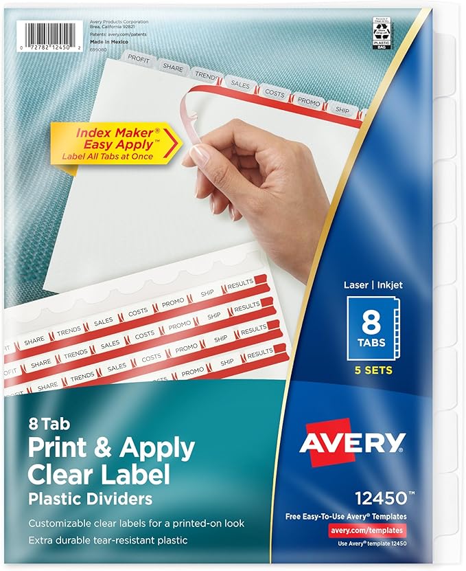 Avery 8 Tab Plastic Dividers for 3 Ring Binder, Easy Print & Apply Clear Label Strip, Index Maker Customizable Frosted White Tabs, 5 Sets (12450)