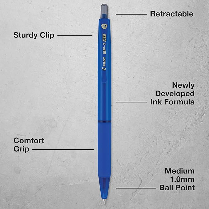 Pilot BP-1RT Advanced Ink, Retractable Ballpoint Blue Ink Pens, Medium Point, Dozen Box, 1mm