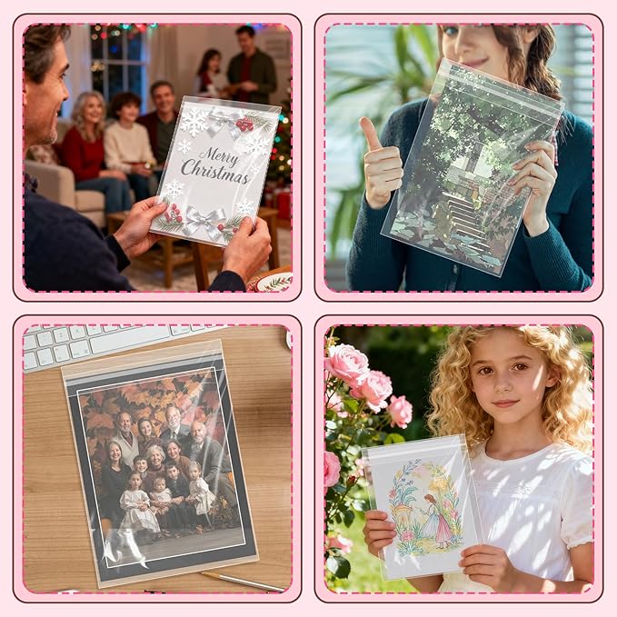 100 Pack 8 3/8 x 10 1/8 inches Crystal Clear Sleeves Storage Bags, Self Sealing Cellophane Bags Magazine Sleeves Protectors for 8x10 Photo Mats Art Prints Drawings