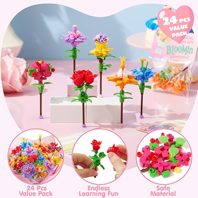 JOYIN 24 Pcs Valentine's Day Flower Bouquet Building Blocks with Cards, 6 Flower Block Designs with 6 Matching Tags, Valentines Day Gifts for Kids School Classroom Exchange Prize Party Favor