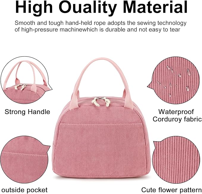 LEDAOU Lunch Box for Women Insulated Lunch Bag Corduroy Lunch Tote Bags Leakproof Cooler Lunch Case for Travel Work Picnic