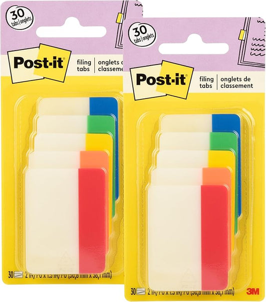 Post-it Tabs, 2 in, Solid, Assorted Colors, 6 Tabs/Color, 5 Colors, 30 Tabs/Pack (686-ROYGB) (Pack of 2)