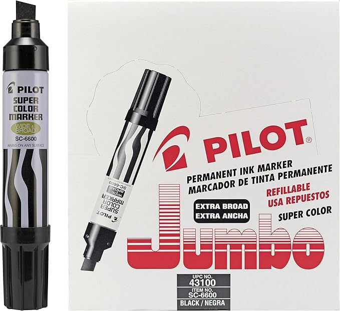 Pilot Super Color Jumbo Refillable Permanent Markers, Black Ink, Extra-Wide Chisel Point, 12-Pack (43100)