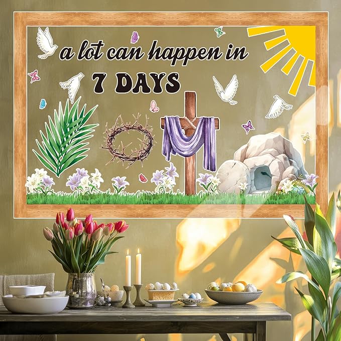 Easter Religious Bulletin Board Decorations Set with Borders Jesus Classroom Decor for Teachers A Lot Can Happen in 7 Days Bulletin Board for Class Sunday School Classroom Bulletin Board Decoration