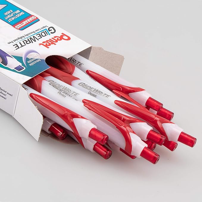 Pentel GlideWrite Ballpoint Pen with TechniFlo Ink, (1.0mm) Medium Line, Red, Box of 12 (BX910-B)