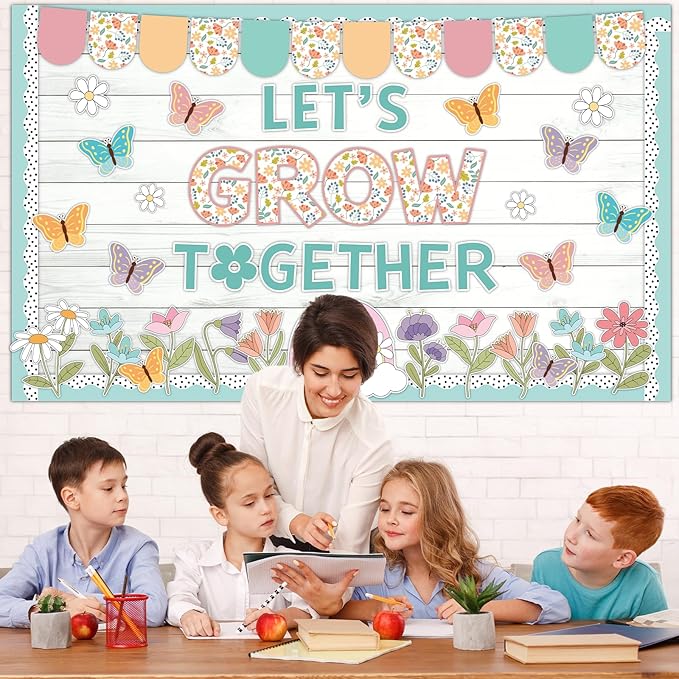 Spring Bulletin Board Decor Set Motivational Let's Grow Together Pastel Flower Butterfly Rainbow Classroom Cutout April Or May Bulletin Board for Back to School Home Nursery Chalkboard Wall Decor