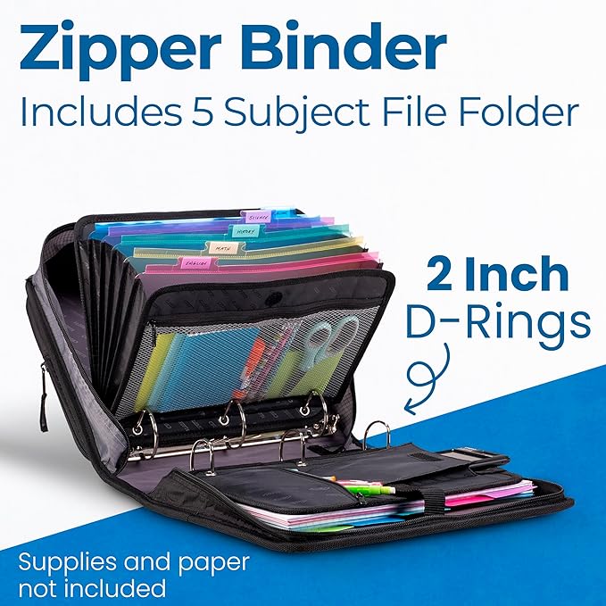 Case-it The Dual 2.0 2-in-1 Zipper Binder | Two 2-Inch D-Rings, 700 Sheet Capacity, 5-Subject Expanding File Folder, Multiple Pockets & Storage Organizer, Shoulder Strap | Dual-301 Fire Engine Red