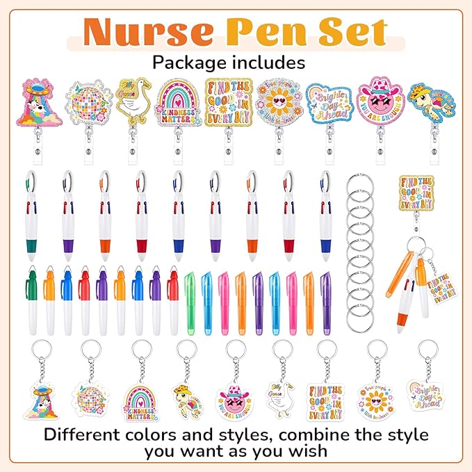 Henoyso 54 Pcs Nurse Badge Reel Pens Mini Highlighter Pens Bulk Nursing Week Appreciation Gifts Badge Accessories Retractable for Cna Medical Assistant Christmas Women (Glitter)