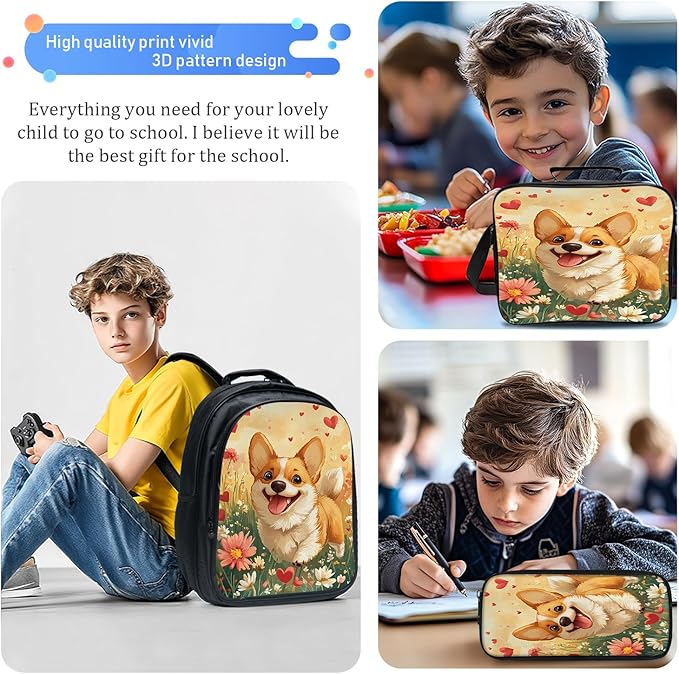 Cute Corgi Backpack Set 3 Piece School Bags and Lunch Box with Pencil Case Funny Dog Animal Bookbag Set for Toddler Kids Girls Boys Teens Kindergarten Elementary Middle