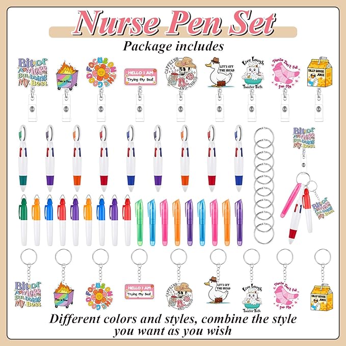 Henoyso 54 Pcs Nurse Badge Reel Pens Mini Highlighter Pens Bulk Nursing Week Appreciation Gifts Badge Accessories Retractable for Cna Medical Assistant Christmas Women (Funny)