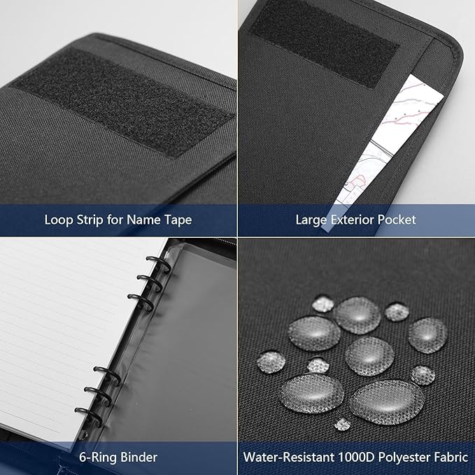 Kosibate Tactical Notebook Padfolio Ring Binder with 80 Sheets, Tactical Binder Zippered for Folders, Cards Refillable 6-Ring Notepad,Army Military Waterproof Notebook Cover(Black,7.3"x10.1")