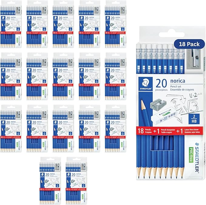 STAEDTLER Norica Pencil Set: 18-Pack (18 sets of 20 pcs) 18 Pre-sharpened #2 HB Pencils with 1 Eraser & 1 Sharpener, Break-Resistant Lead per pack, 360 count