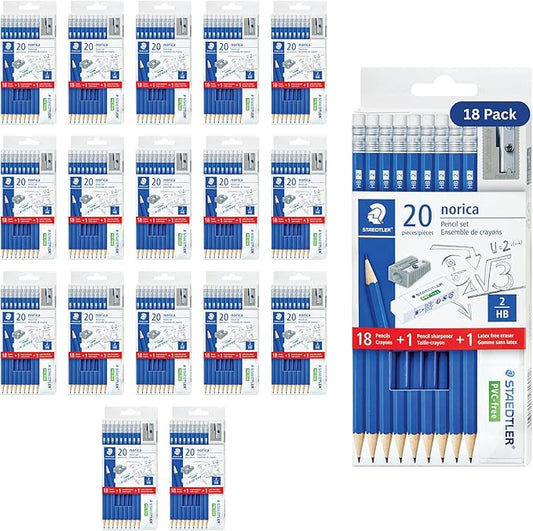 STAEDTLER Norica Pencil Set: 18-Pack (18 sets of 20 pcs) 18 Pre-sharpened #2 HB Pencils with 1 Eraser & 1 Sharpener, Break-Resistant Lead per pack, 360 count