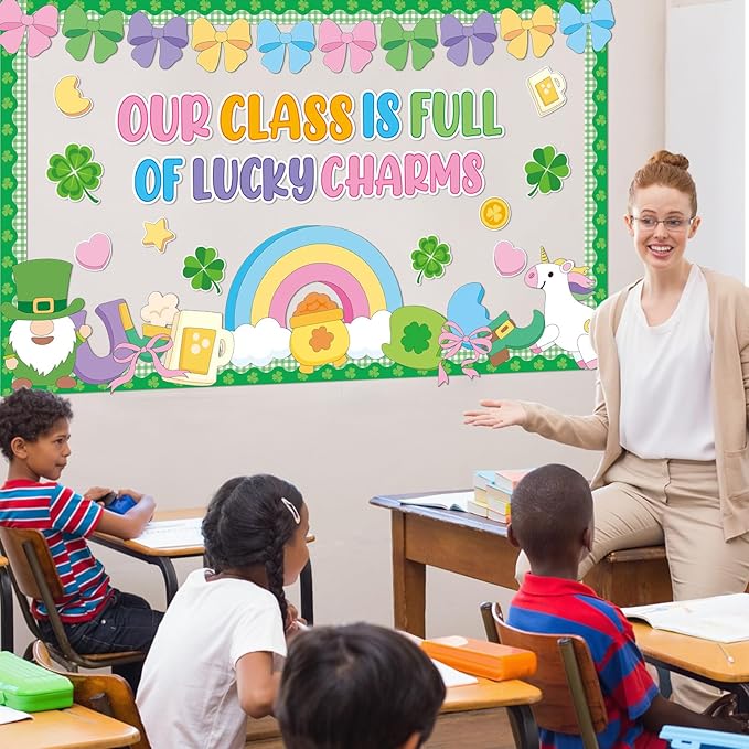 St. Patrick's Day Bulletin Board Decoration March Bulletin Board Set Lucky Shamrock Gold Coin Colorful Bows Paper Cutouts for St. Patrick Party Supplies School Classroom Chalkboard Wall Door Decor