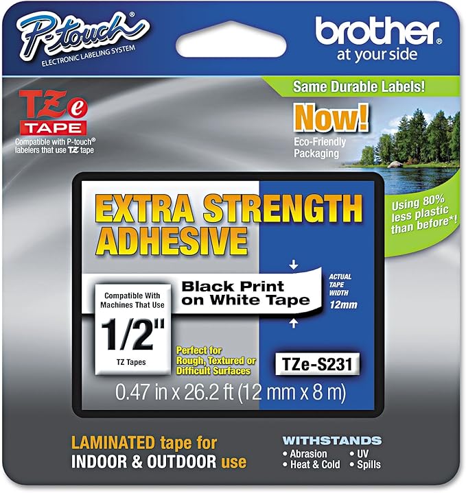Brother TZES231 TZe Extra-Strength Adhesive Laminated Labeling Tape, 1/2-Inch w, Black on White